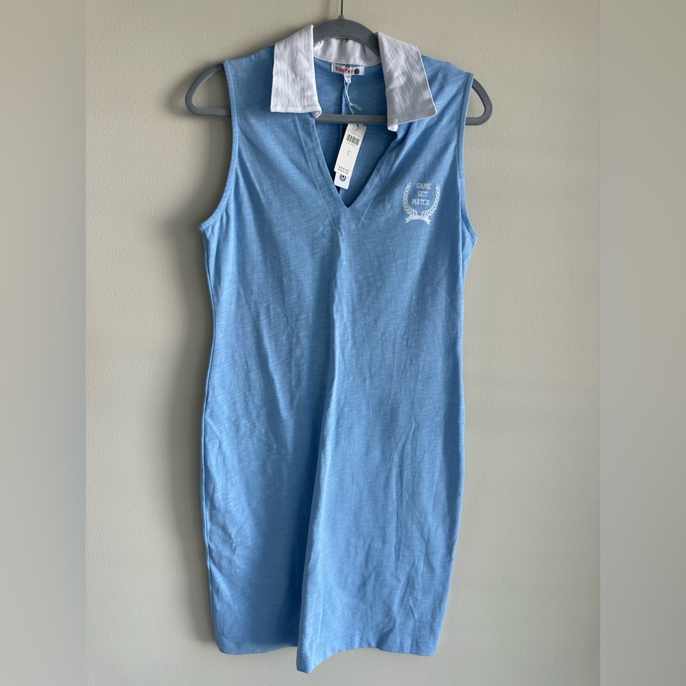 NWT Anthropologie Sundry Light Blue Chambray Knit Sleeveless Polo Mini Dress Lrg - Picture 4 of 8